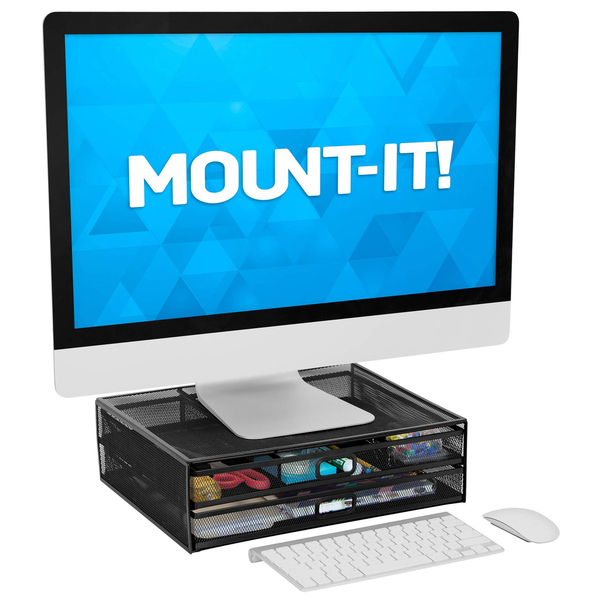MOUNT-IT! Computer Monitor Stand With Drawers, Metal Mesh Riser and Organizer for Laptops and