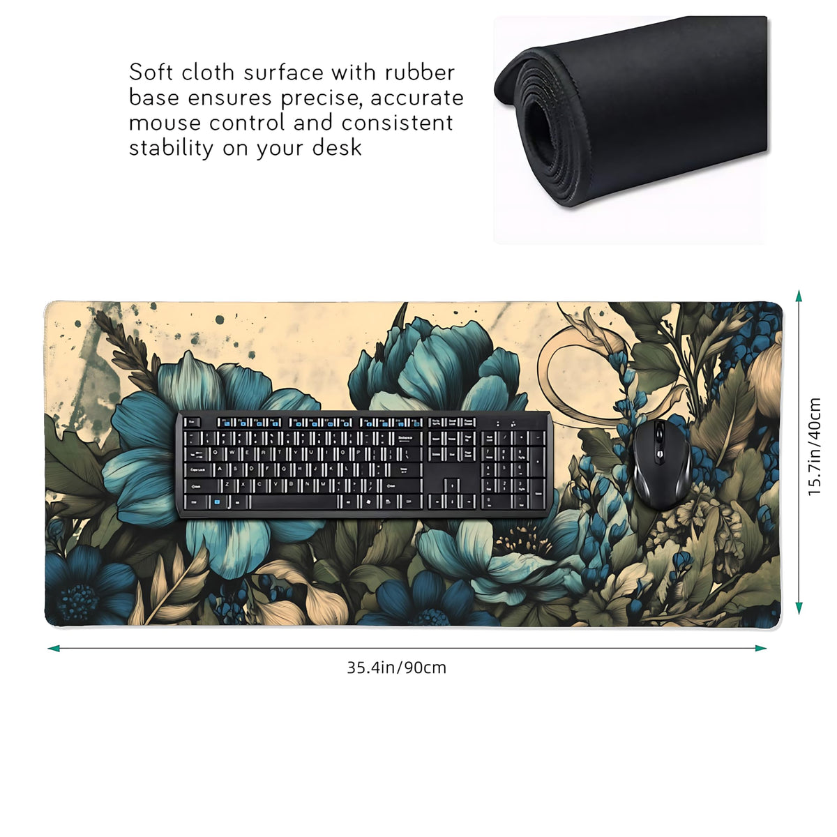 Floral Aesthetic Dahlia Gaming Mouse Pad, Apricot Blue Vintage Botanical Desk Mat with Anti-Slip