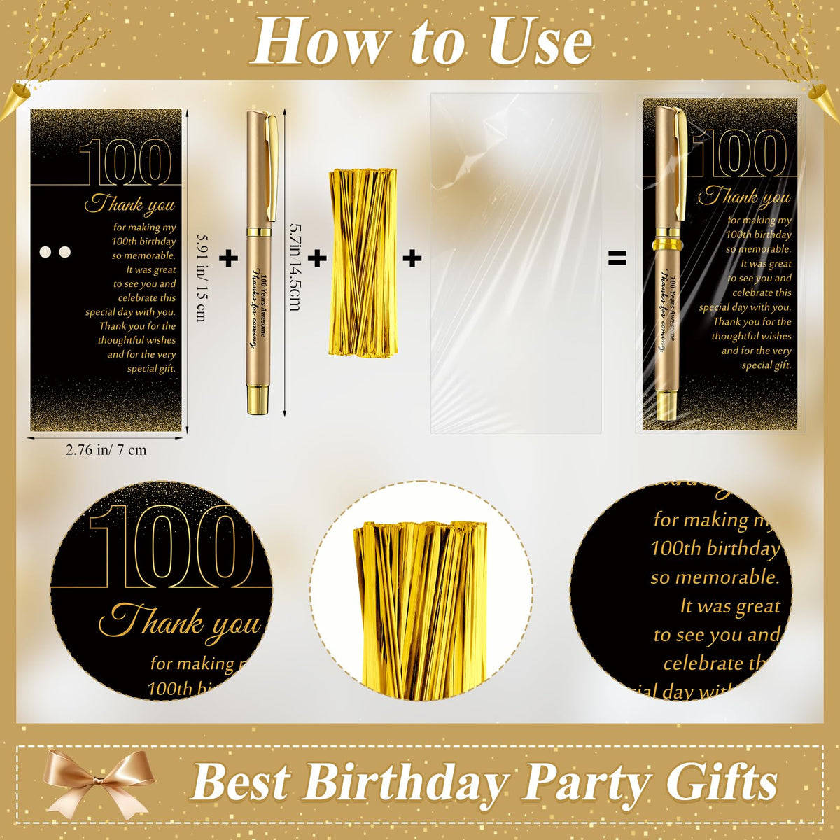 Feifeiya 50 Set 100th Birthday Favors with Black Gold Pens Cards