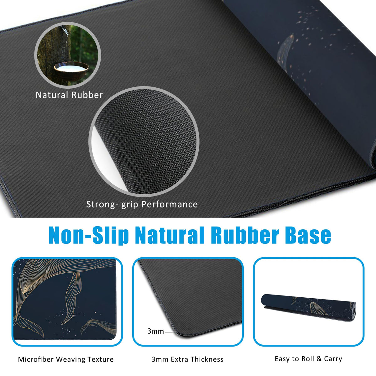 EOBKLAX Whales in Gold Line Desk Mat,Large Gaming Mouse Pad,Non-Slip Rubber Base Desk Pad with