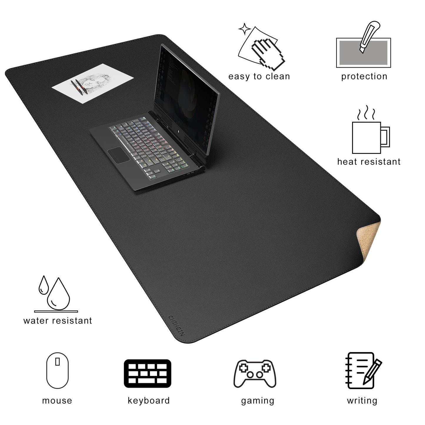 Chihein 51” x 24” Cork & PU Leather Desk Mat (Black) - Large Mouse Pad, Double Sided Waterproof