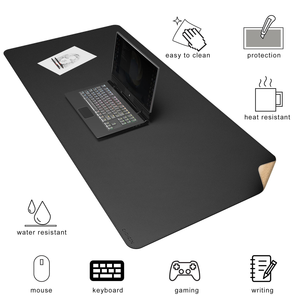 Chihein 51” x 24” Cork & PU Leather Desk Mat (Black) - Large Mouse Pad, Double Sided Waterproof