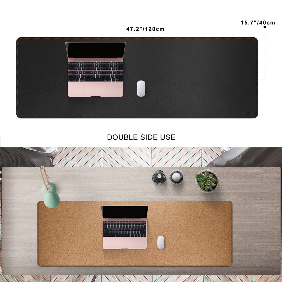 MAIDERN 47.2" x 15.7" Cork & Leather Desk Pad, Large XXL Mat, Full Mouse Pad, Dual Sided Protector