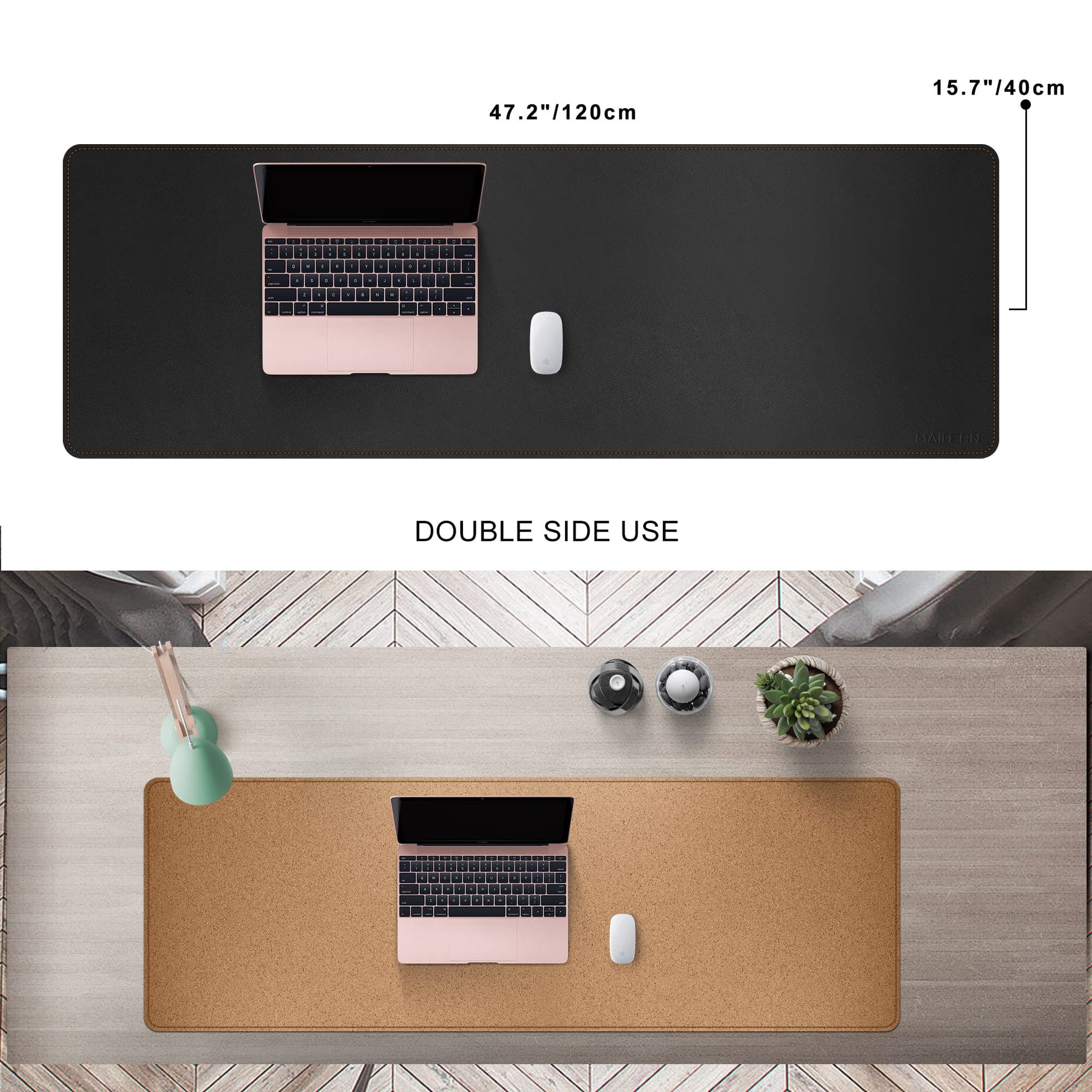 MAIDERN 47.2" x 15.7" Cork & Leather Desk Pad, Large XXL Mat, Full Mouse Pad, Dual Sided Protector