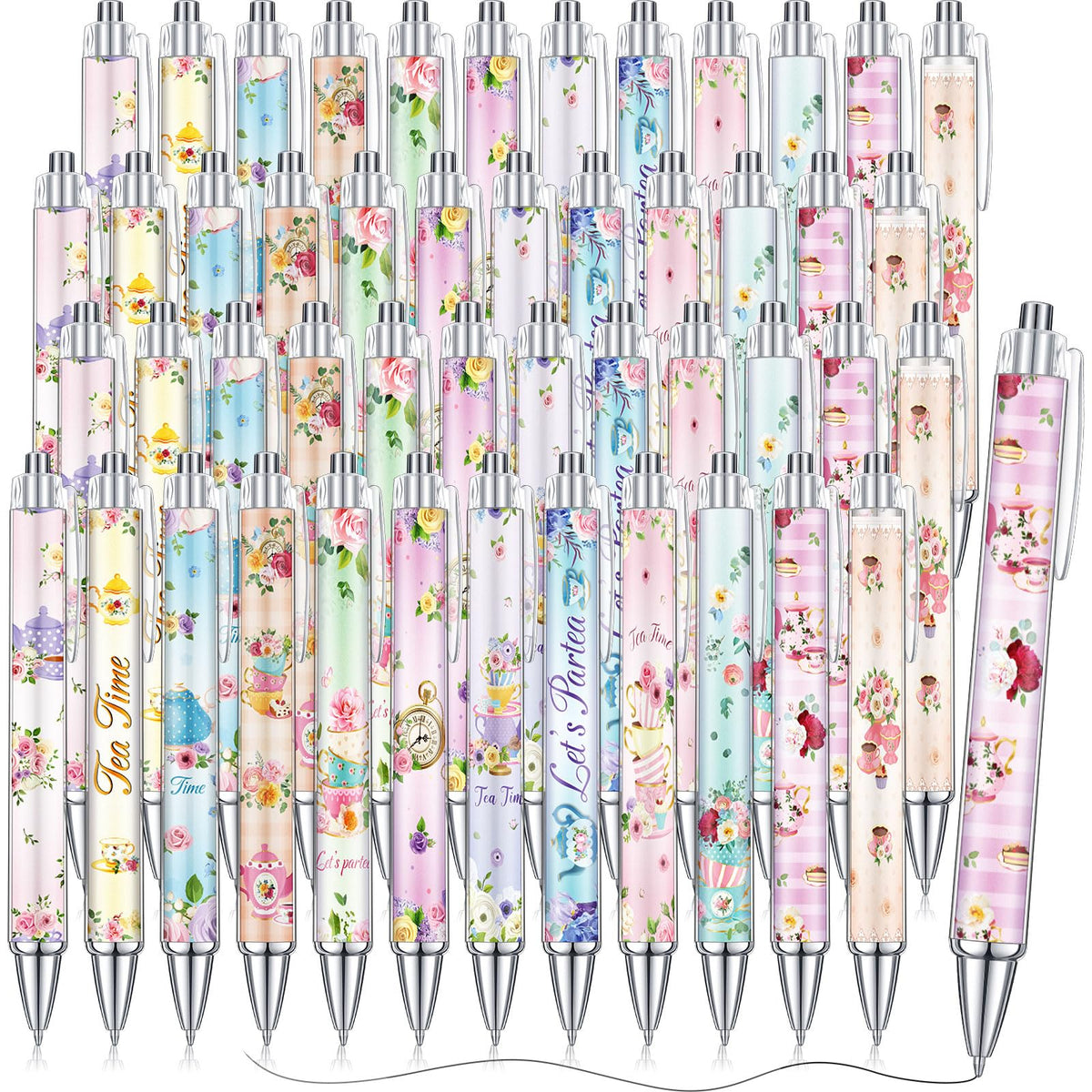 Cholemy 96 Pcs Floral Tea Pens, Retractable Black Ink Ballpoint Set