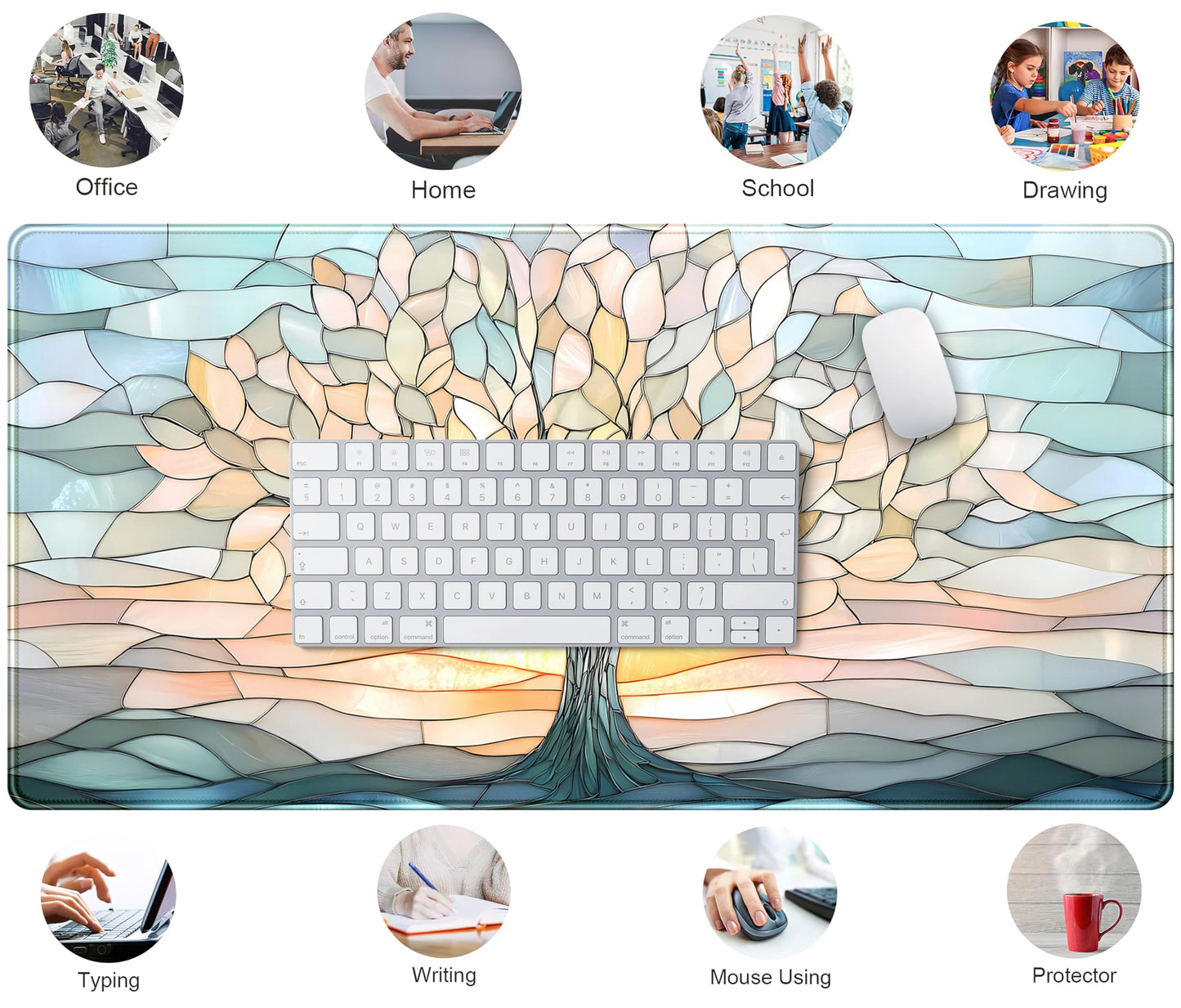 Desk Mat Cute Tree of Life Mouse Pad Gaming XXL Large Extended Desk Matt for Desktop, Faux Stained