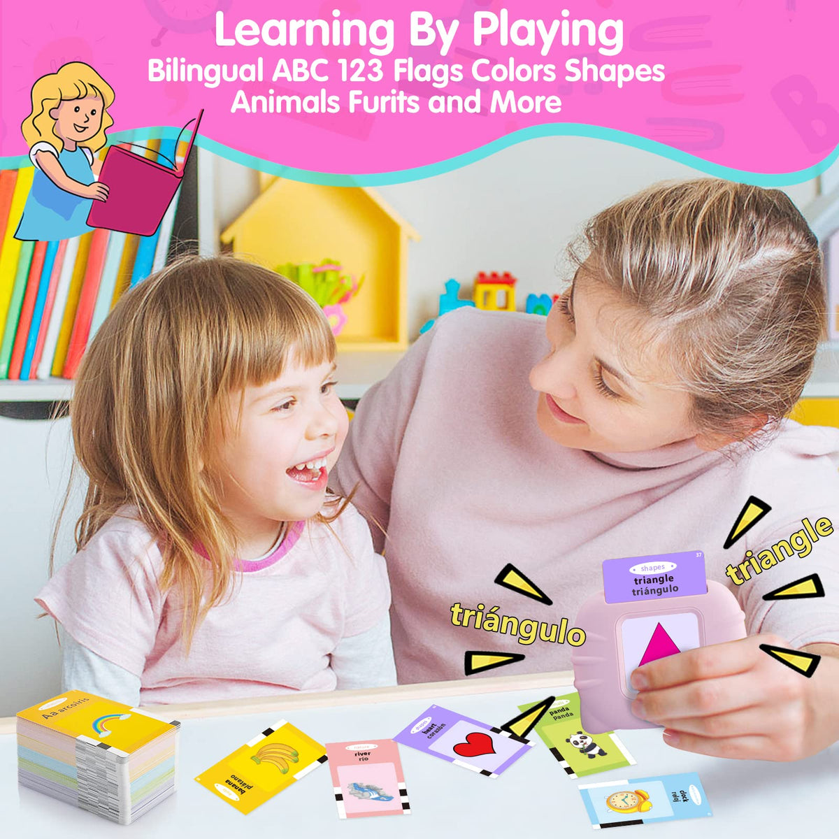 QuTZ ABC Learning Flash Cards for Toddlers 2-4 Bilingual Spanish English, Autism Toys, Speech
