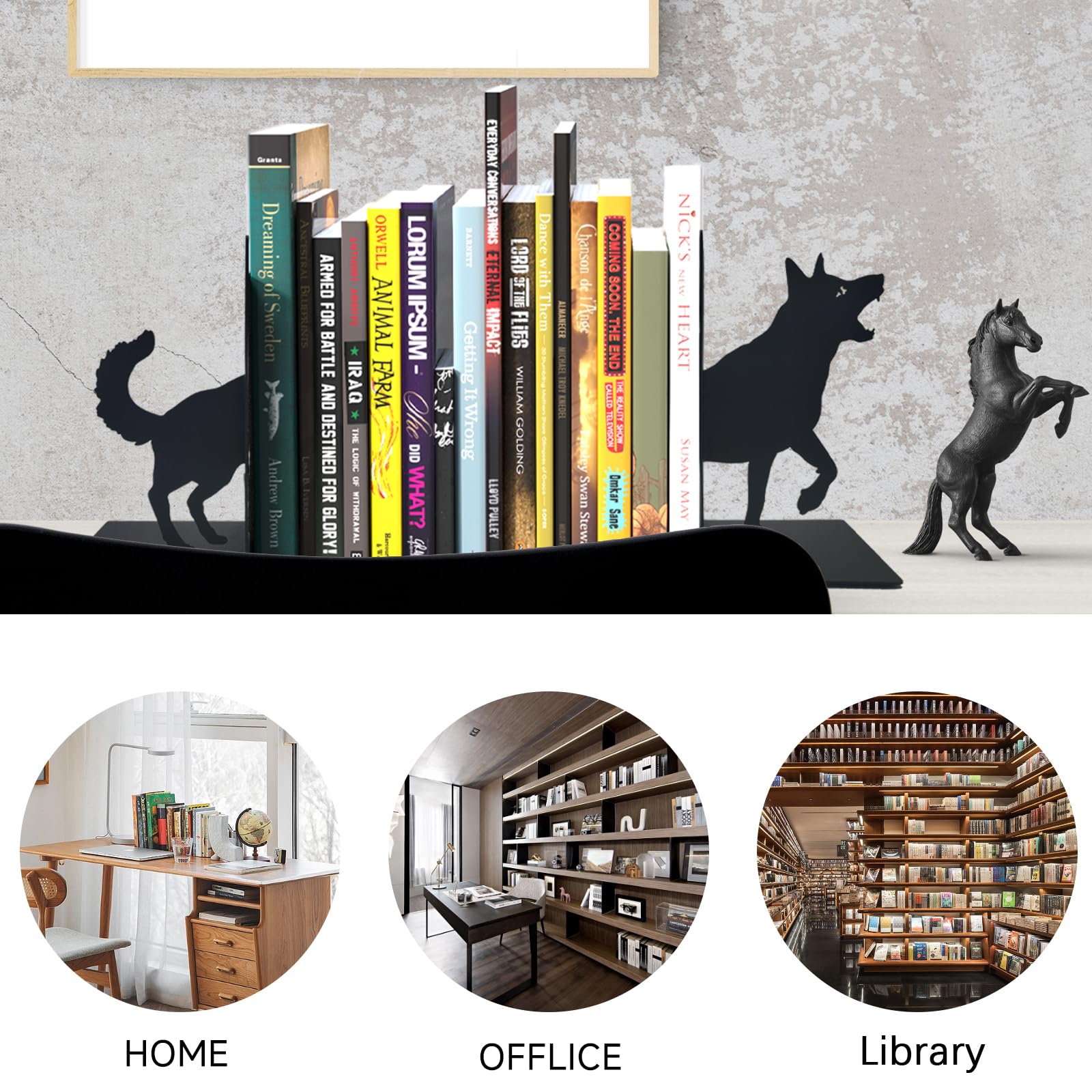 ENCIMART Dog Book Ends Decorative for Shelves, Black Metal Bookend Supports for Heavy Books, Book