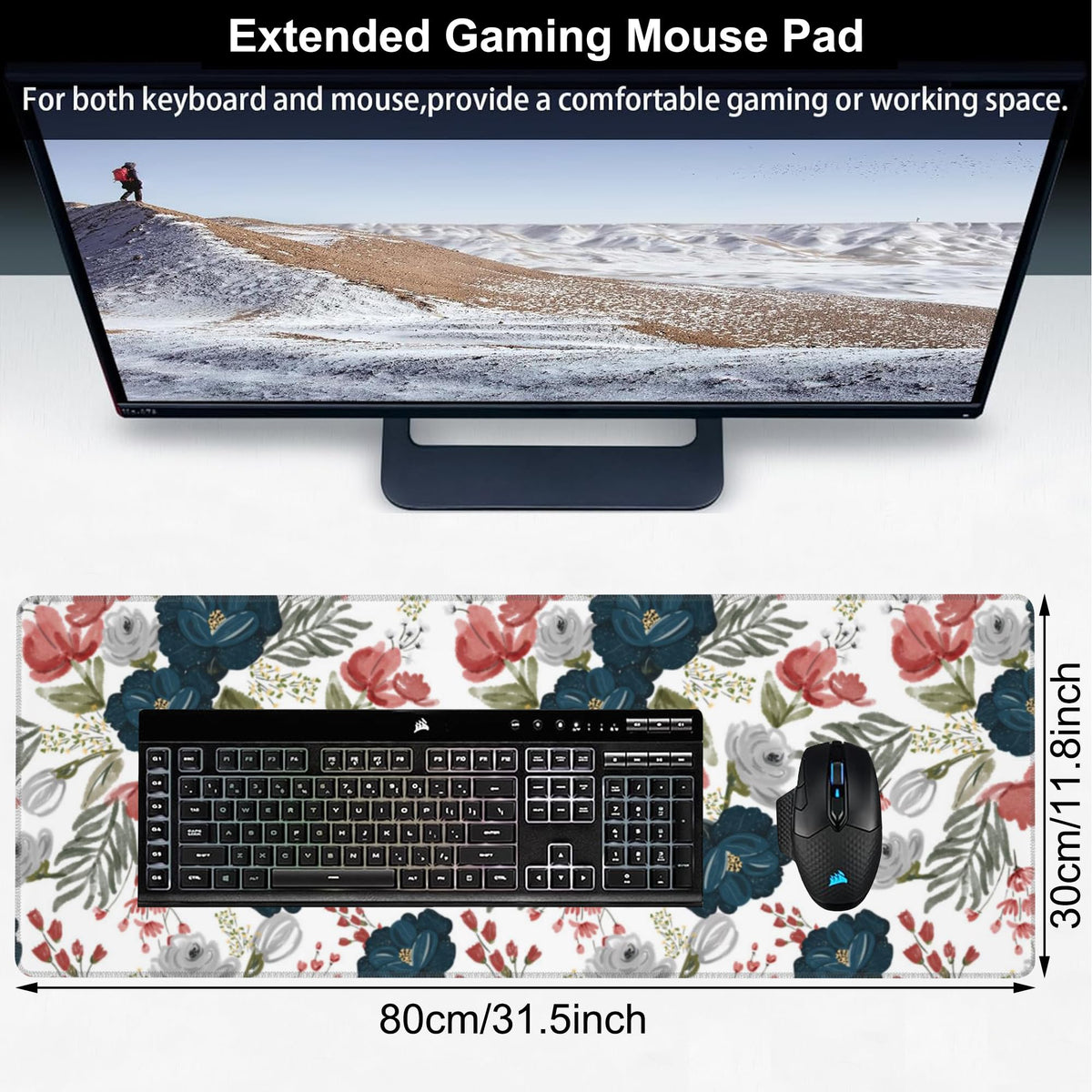 Watercolor Flowers Desk Mat,Large Colorful Floral Gaming Keyboard Mouse Pad,Non-Slip Rubber Base