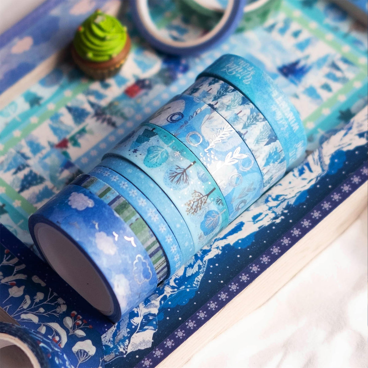 YUBX Winter Washi Tape Set 19 Rolls Skinny Snow Embellishment Blue Silver Foil Decorative Masking