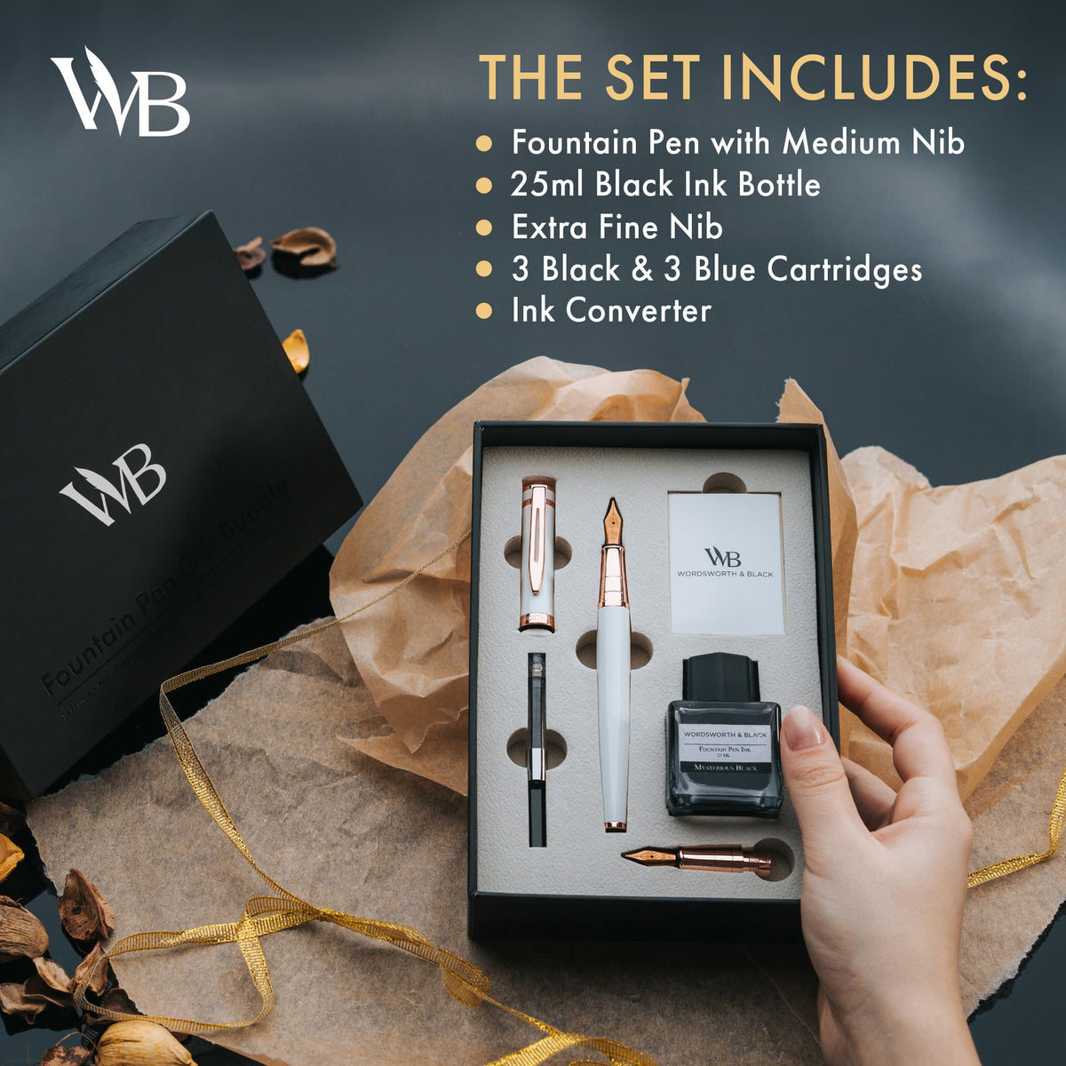 Wordsworth & Black Fountain Pen Gift Set, Medium & Extra Fine Nib, White Rose