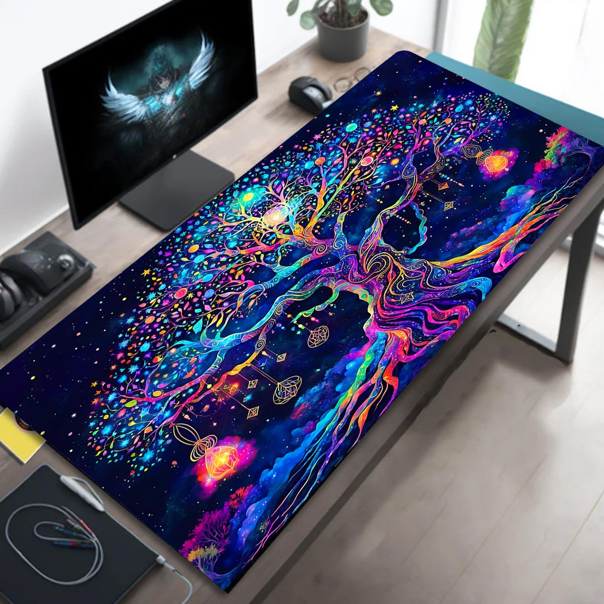 Manicer Colorful Tree of Life Mouse Pad, Blacklight Gaming Extended Large Desk Pad, UV Reactive