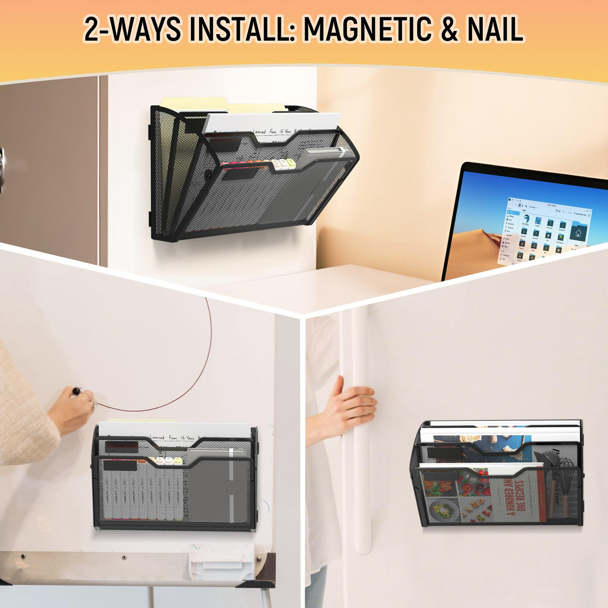 Docnest 3 Pack 3 Tier Dual-Mount Magnetic Mesh File Holders, Wall Organizer