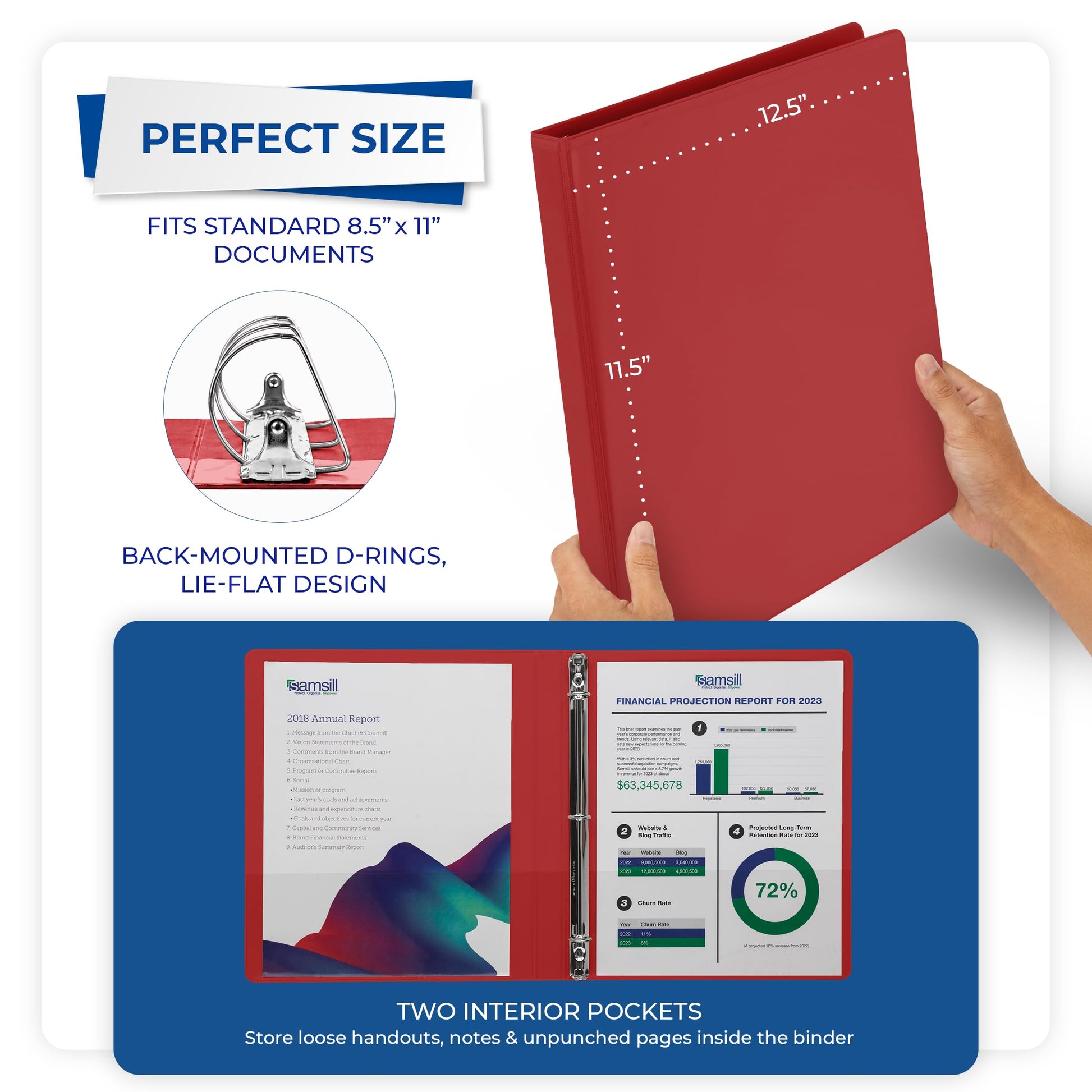 Samsill Durable 0.5 inch 3 Ring Binder, D Ring Binder,100% Recycled Chipboard, Red, 12 Pack