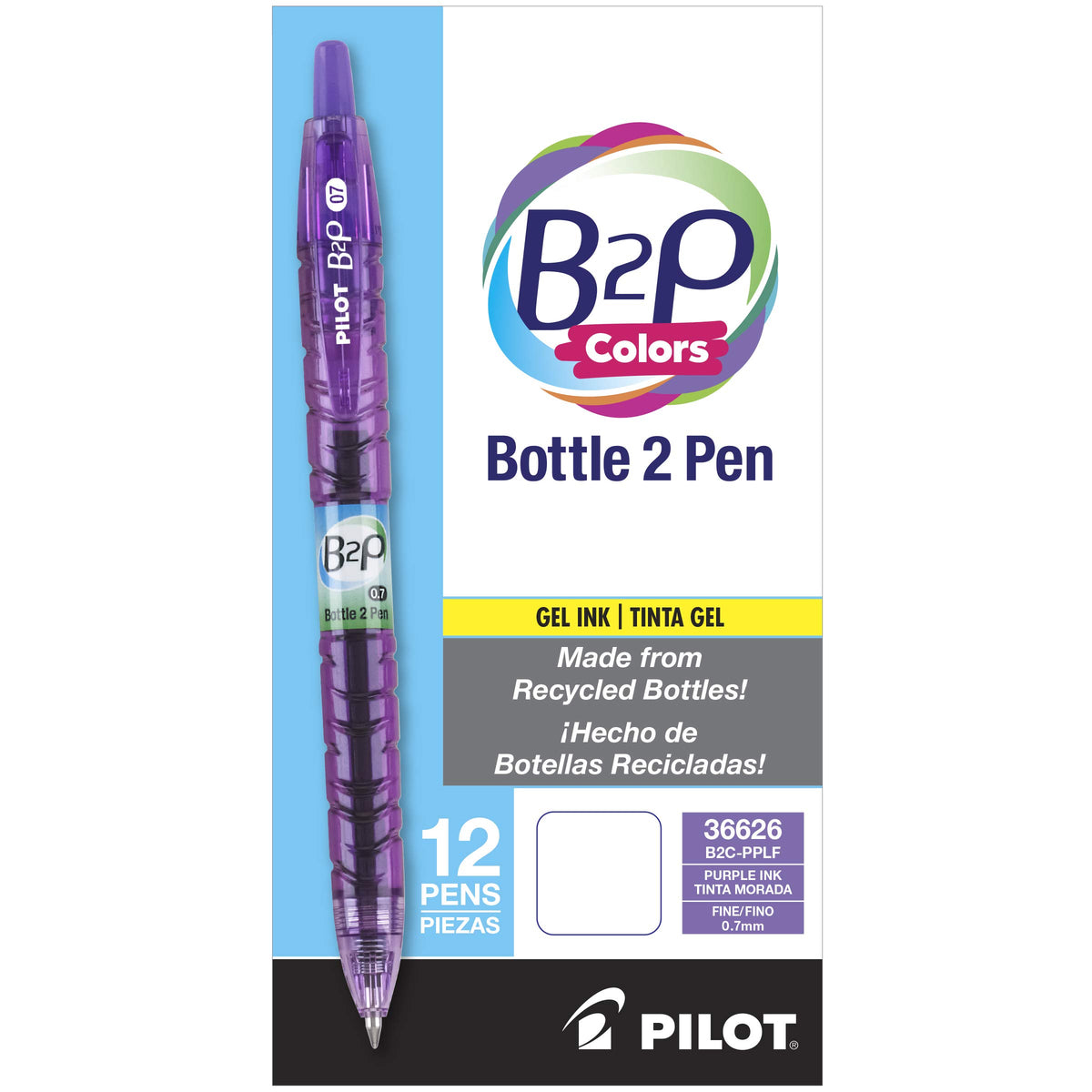 PILOT B2P Colors Gel Pen, Fine Point 0.7mm, Purple, 12-Pack