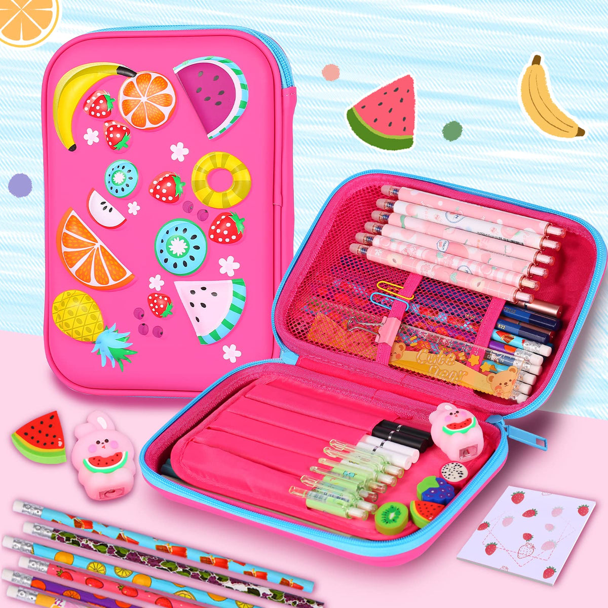 homicozy Pencil Case for Girls,Cute Fruit Stationary Set for Kids,3D EVA School Large Capacity