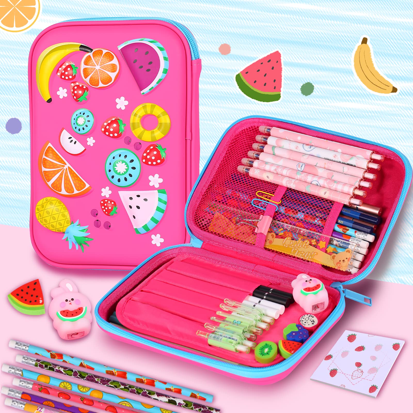 homicozy Pencil Case for Girls,Cute Fruit Stationary Set for Kids,3D EVA School Large Capacity