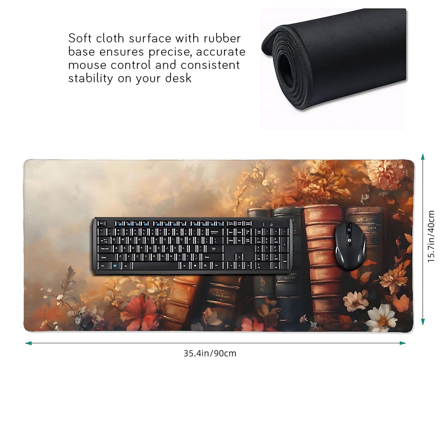 Floral Aesthetic Book Gaming Mouse Pad, Earth Tone Dark Romanticism Desk Mat with Anti-Slip Base &
