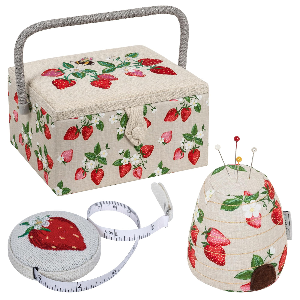 Hobby Gift Strawberry Sewing Box Gift Bundle with Matching 60 Inch Tape Measure and Pin Cushion