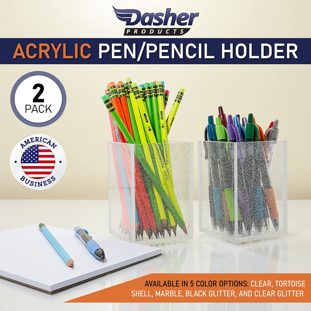 Acrylic Pen Holder Organizer Two Pack, 5mm Thick Clear Pencil Cup for Storing Office Supplies