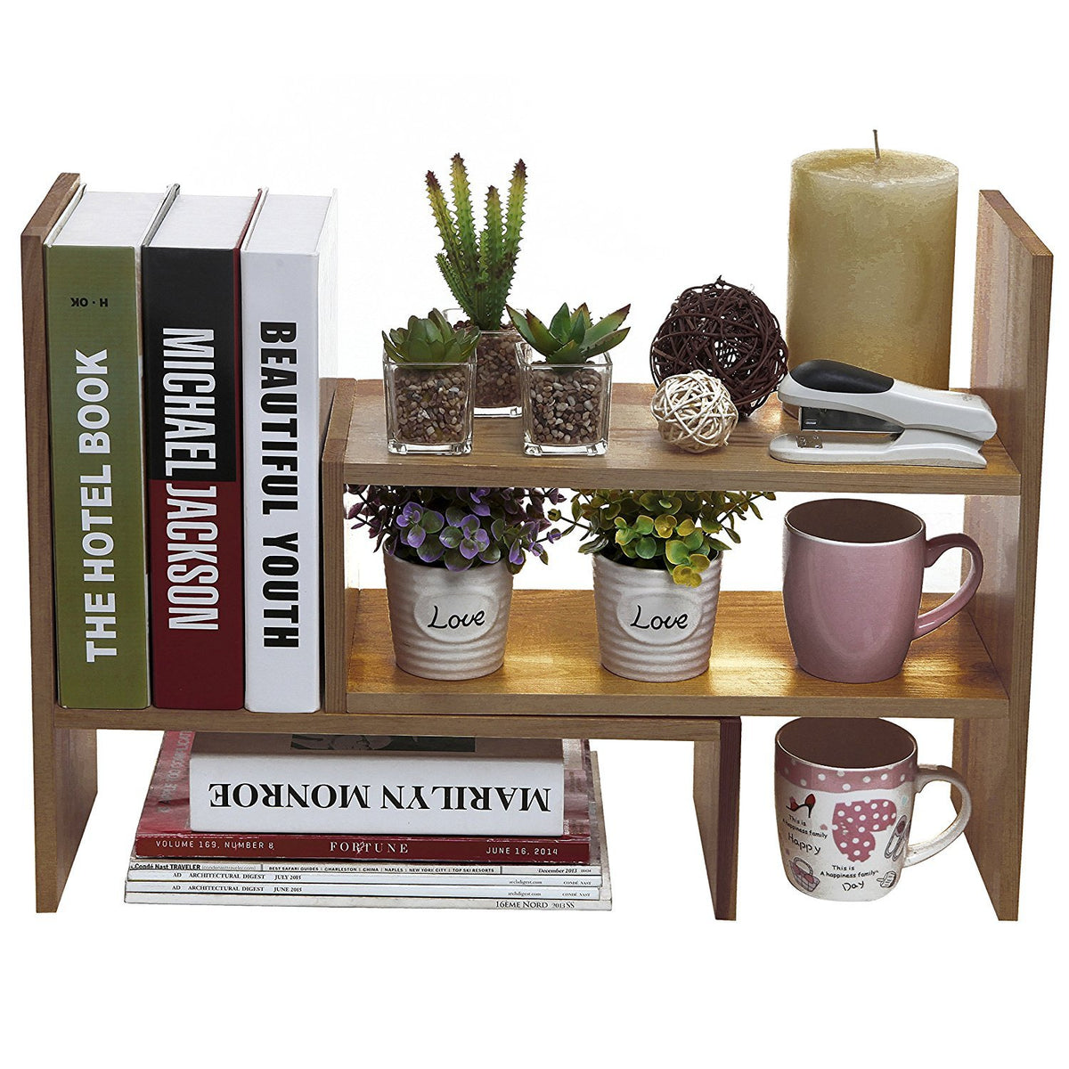 MyGift Adjustable Brown Solid Wood Desktop Storage Organizer Display Shelf Book Rack, Home Office