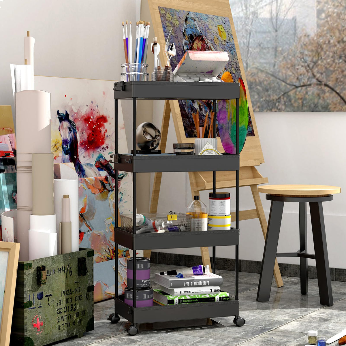 SPACEKEEPER Storage Cart 4-Tier, Bathroom Rolling Cart Utility Storage Organizer Shelf Mobile