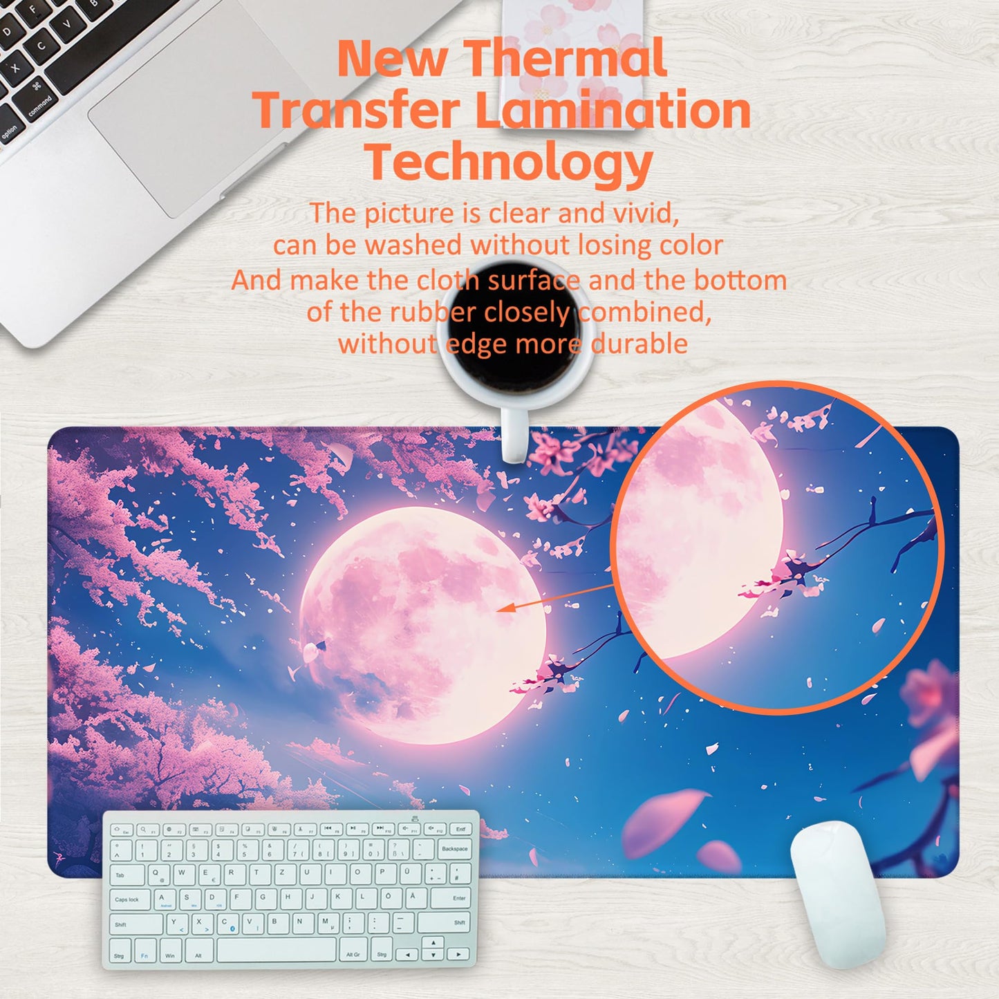 KOAIWPAE Large Gaming Mouse Pad for Desk, Falling Cherry Blossoms Desk Mat, Bright Full Moon Desk