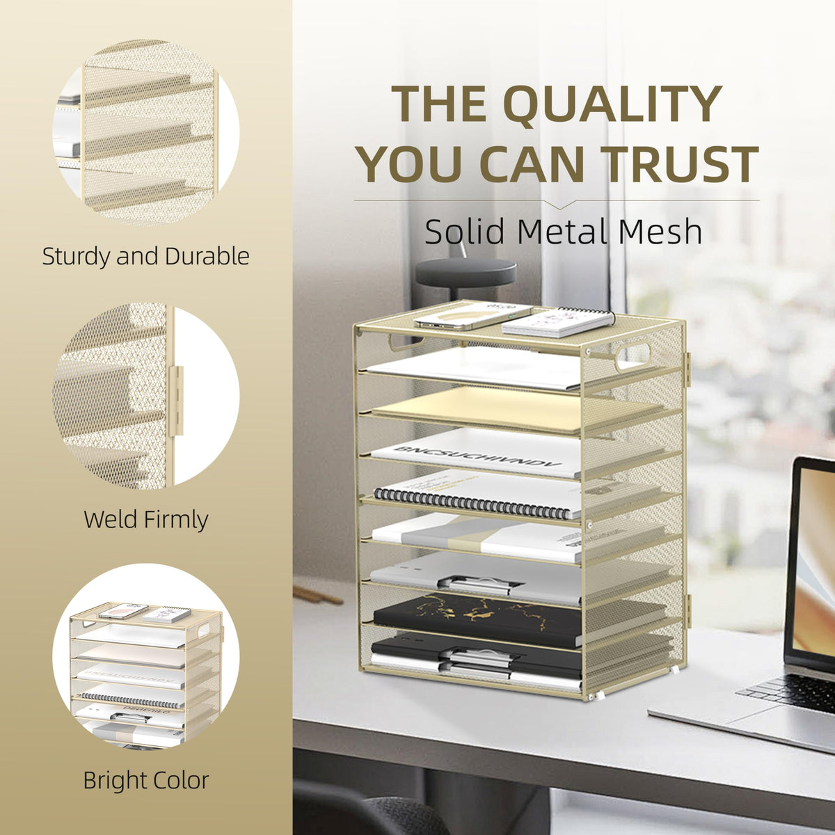 9-Tier Paper Organizer for Desk, Letter Tray with Handles, Golden Yellow