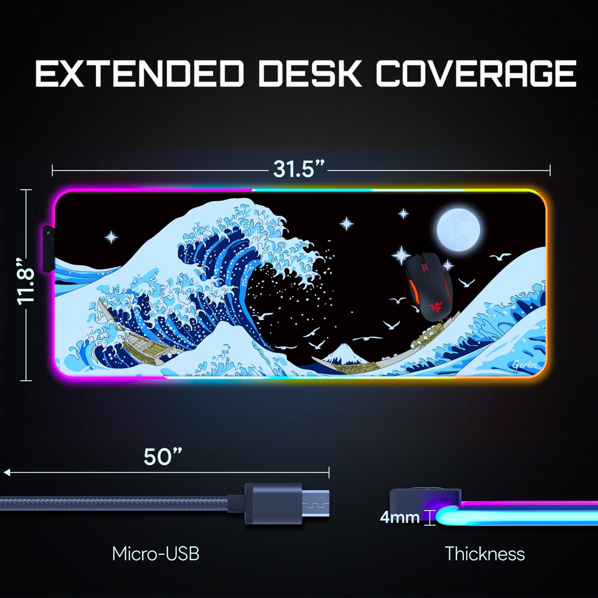 Gerlos RGB Gaming Mouse Pad, Large LED Desk Mat for Gamer, 31.5" x 11.8"