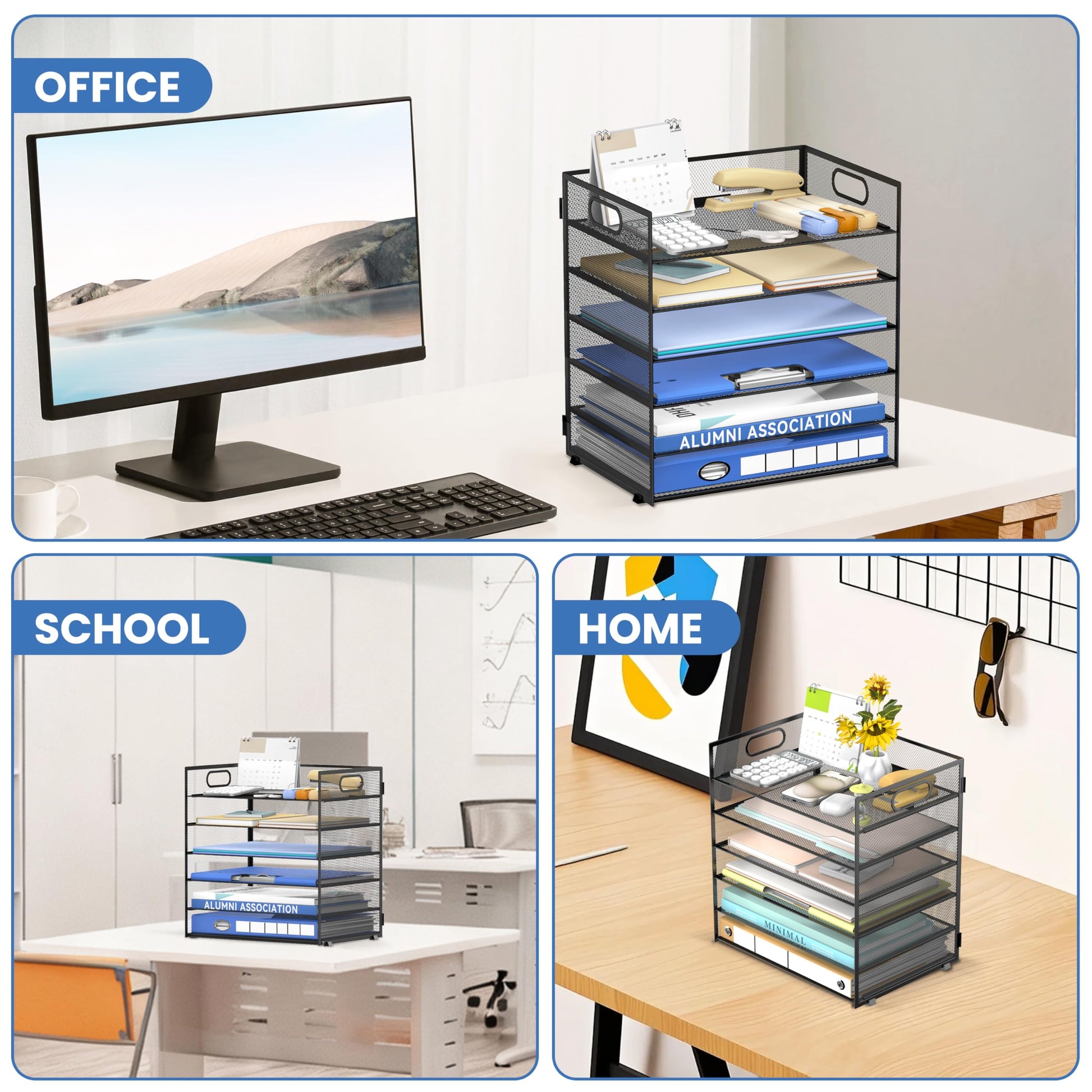 Daltack 6-Tier Paper Organizer for Desk with Handle, Black