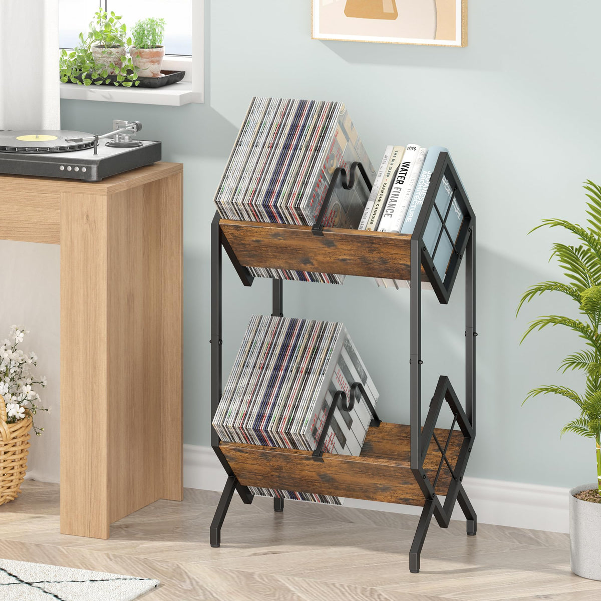 RUILALIFE 2-Tier-Vinyl-Record-Storage-Holder With Dividers, Metal Album storage for vinyl records