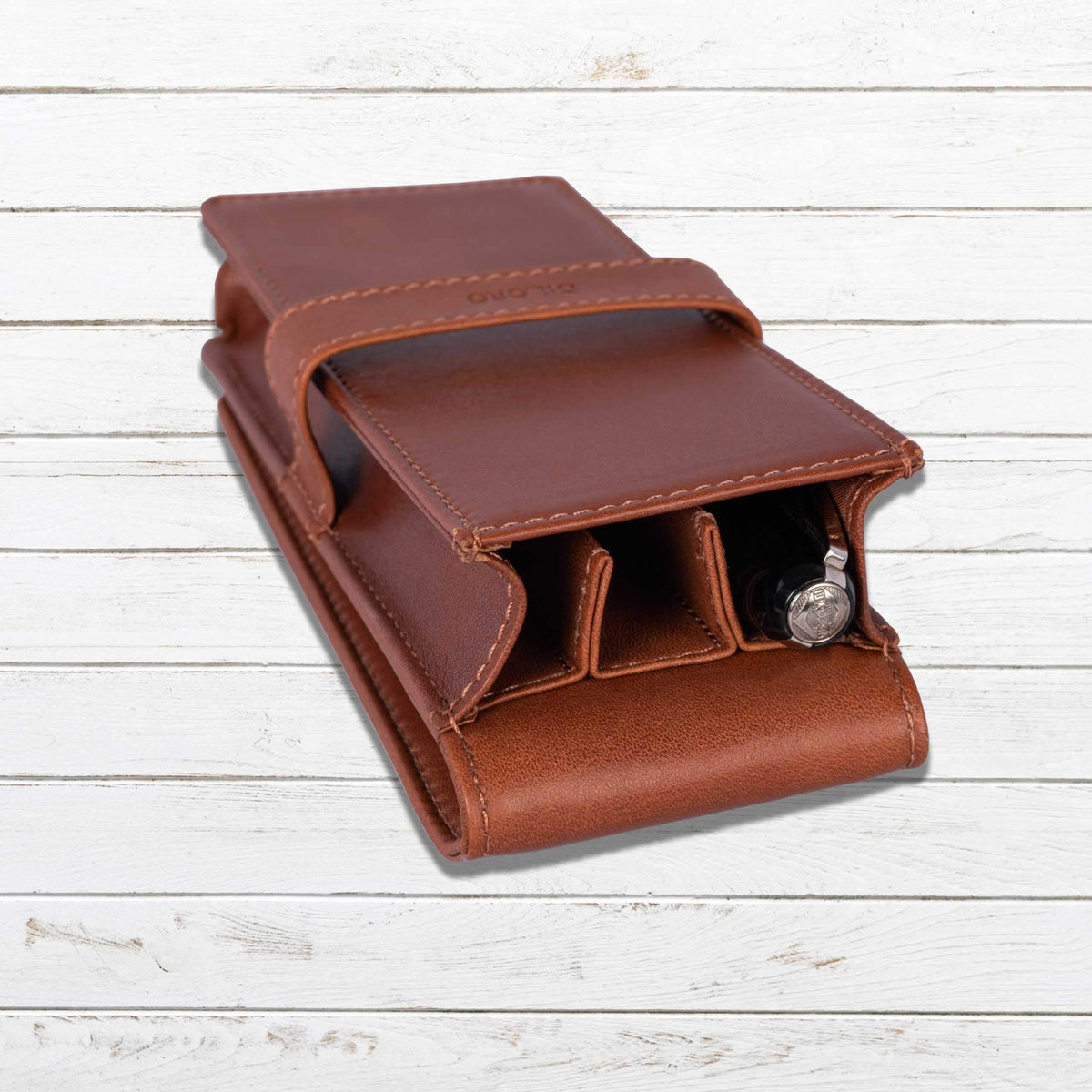 DiLoro Leather Triple Pen Case Pencil Pouch Holder for Three Fountain Ballpoint Rollerball Pens and