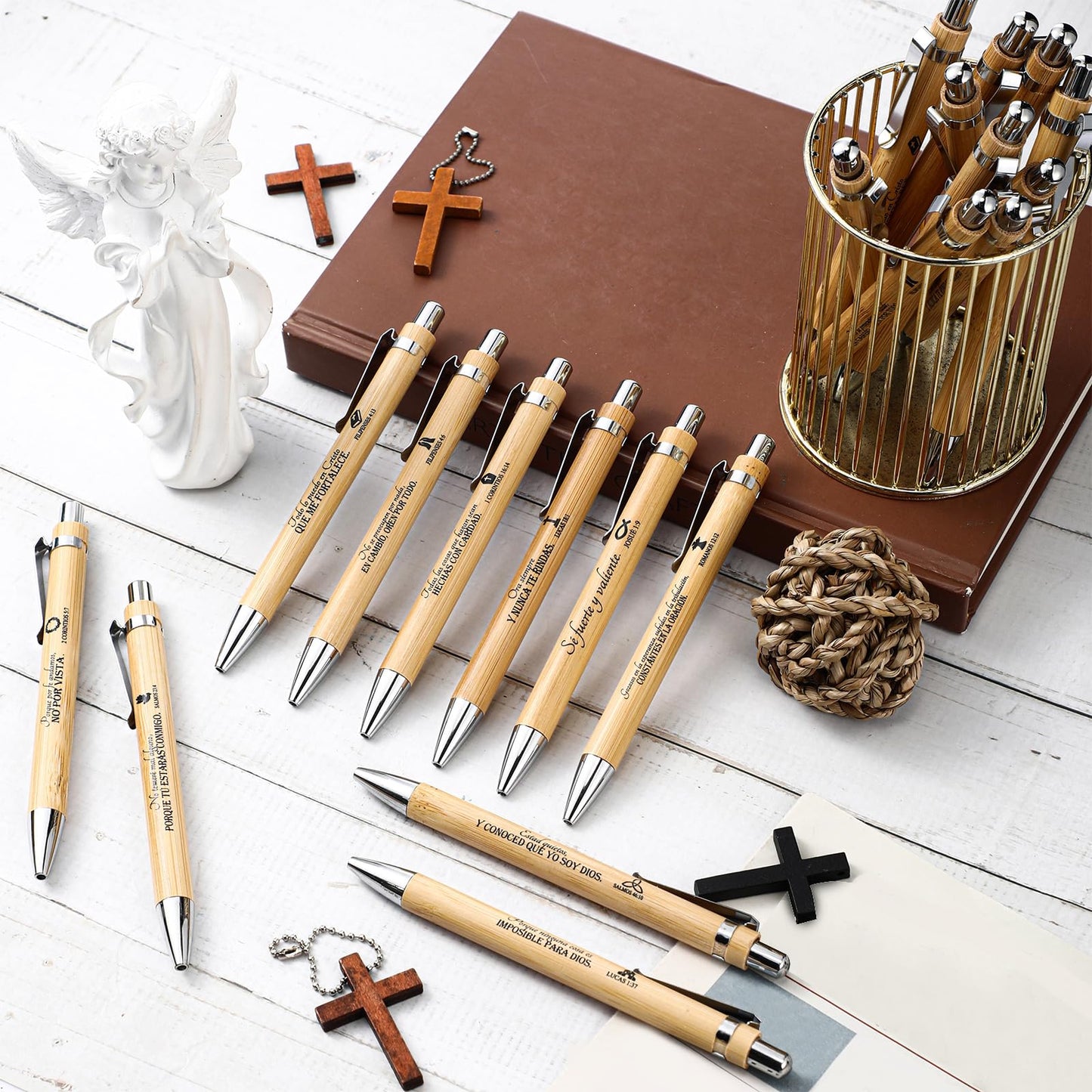 Fumete 50 Pcs Bible Verse Bamboo Pens Bulk, Natural, Spanish