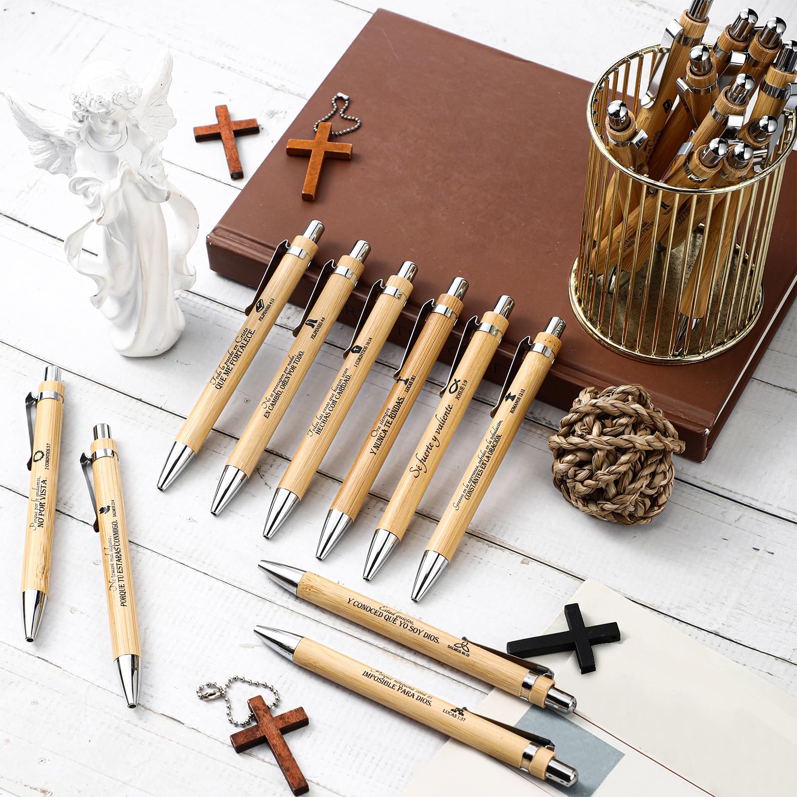 Fumete 50 Pcs Bible Verse Bamboo Pens Bulk, Natural, Spanish