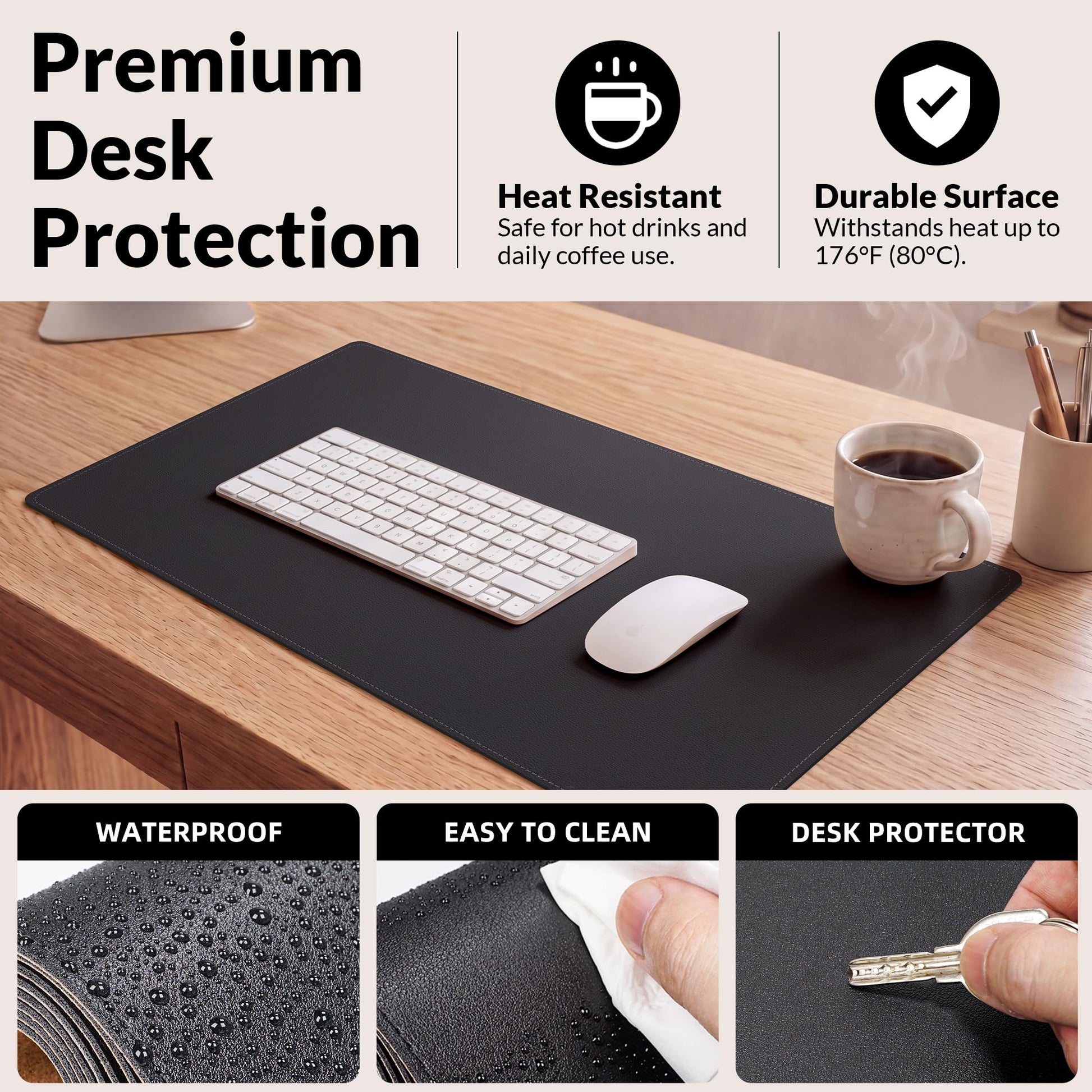 AFIING Desk Mat 35.4" x 17", Cork & PU Leather Desk Pad, Black