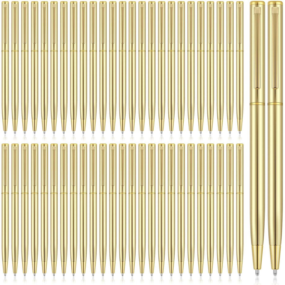 Zonon 100 Pieces Gold Metal Slim Ballpoint Pens Bulk, 1mm Black Ink