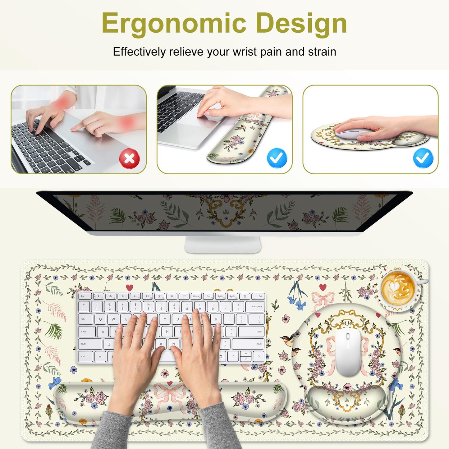 Off-White Mouse Pad, Cute Large Desk Mat Extended Nature Aesthetic Deskpad, 4 PCS Non-Slip Rubber