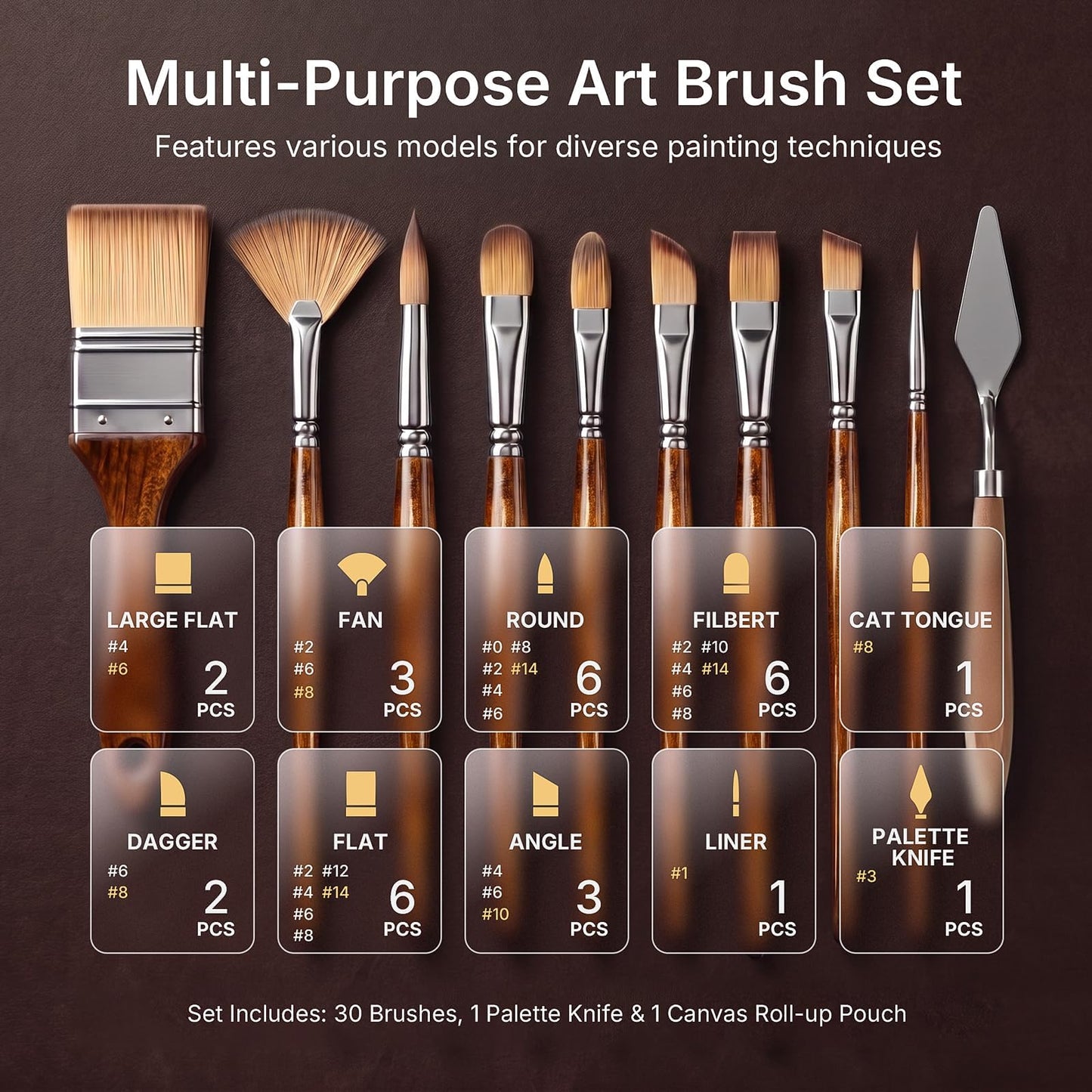 Nicpro 30pcs Paint Brush Set for Acrylic Painting, Oil, Watercolor, Gouache