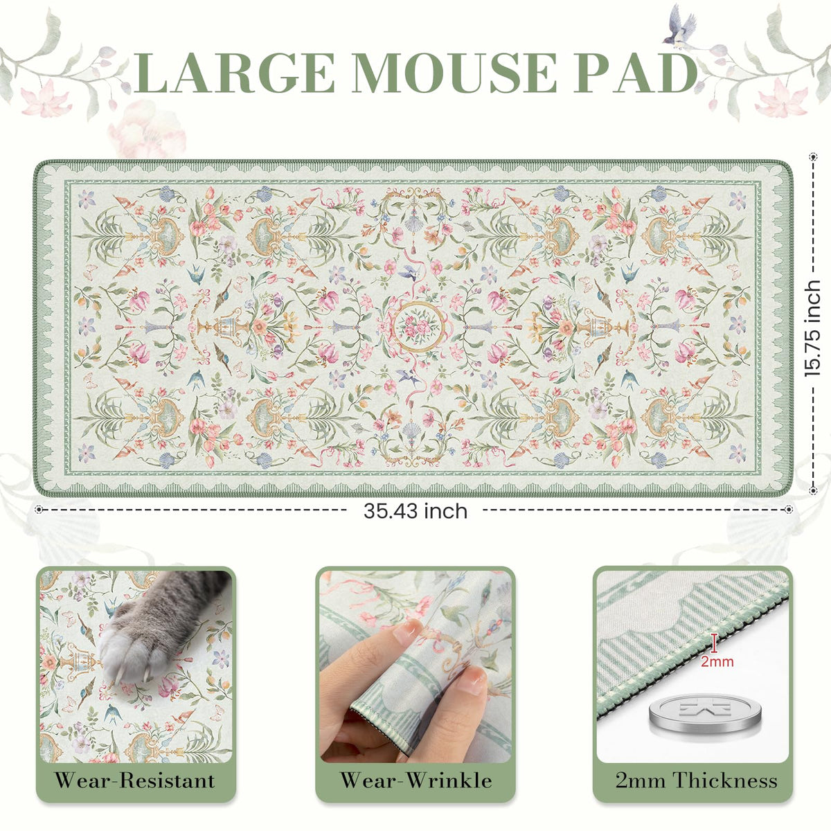 iCasso Desk Cover Mat Green,Extra Large Mouse Pad for Desktop,Floral