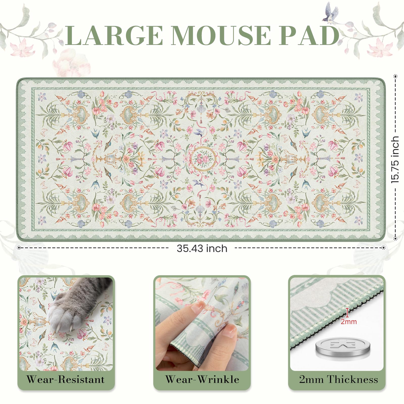 iCasso Desk Cover Mat Green,Extra Large Mouse Pad for Desktop,Floral