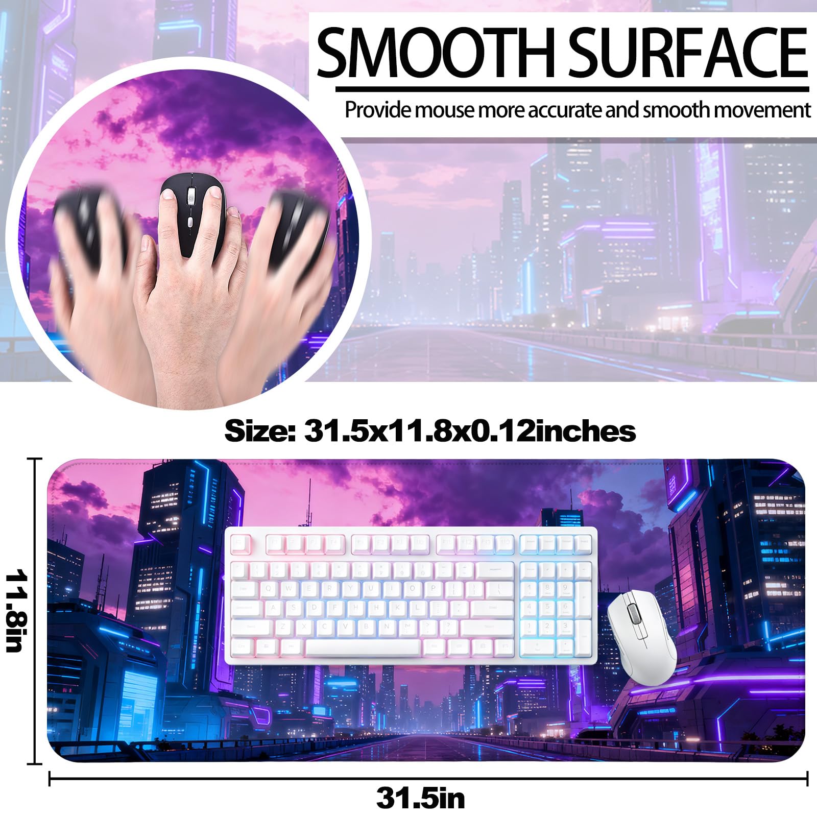 JIANG100 Cyberpunk City Scene Gaming Desk Mat, Extended Mouse Pad, Purple