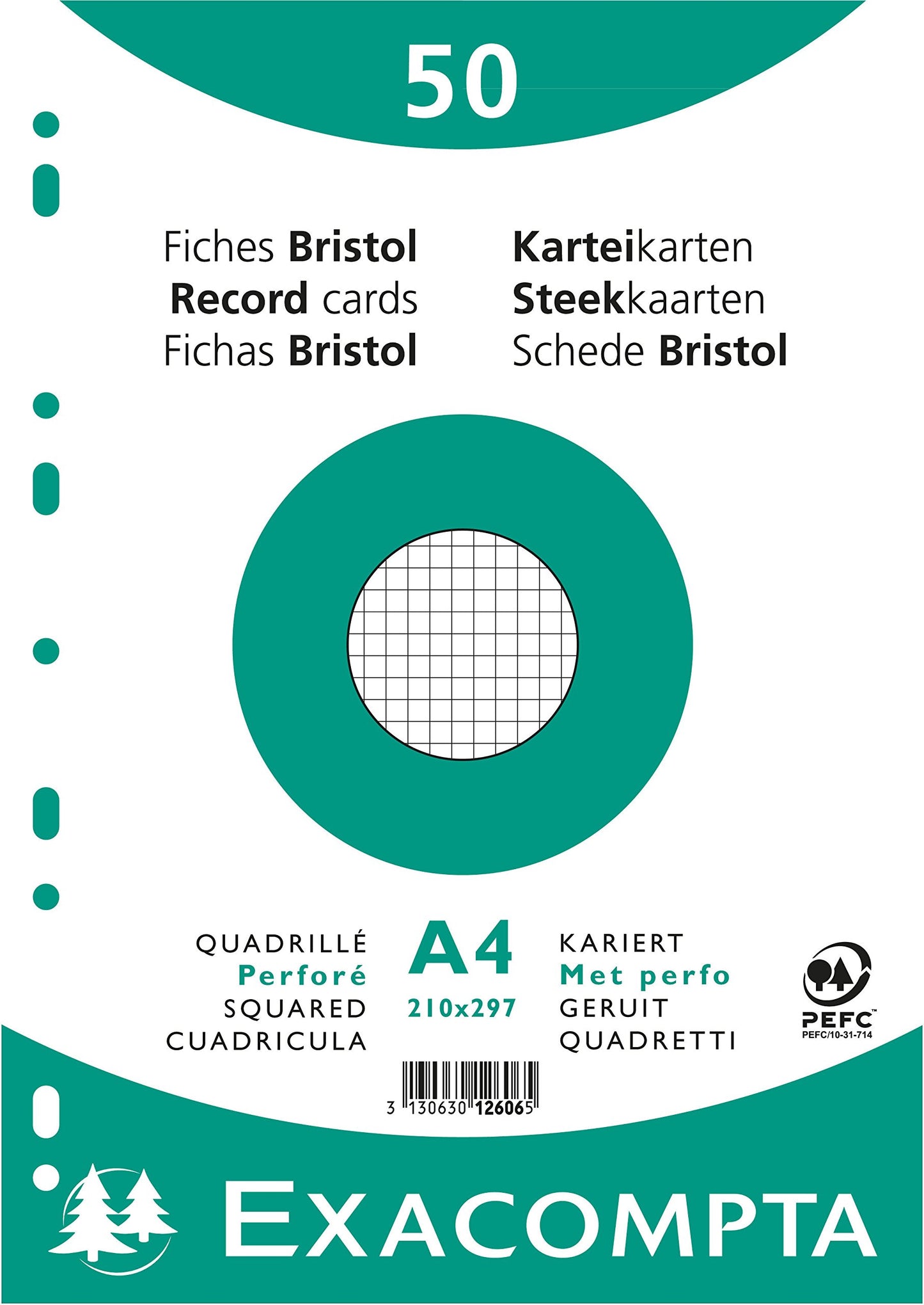 Exacompta - Ref 12606E - Bristol Squared Record Cards (Pack of 50) - A4 in Size, 205gsm Card