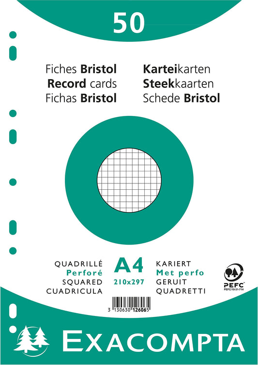 Exacompta - Ref 12606E - Bristol Squared Record Cards (Pack of 50) - A4 in Size, 205gsm Card