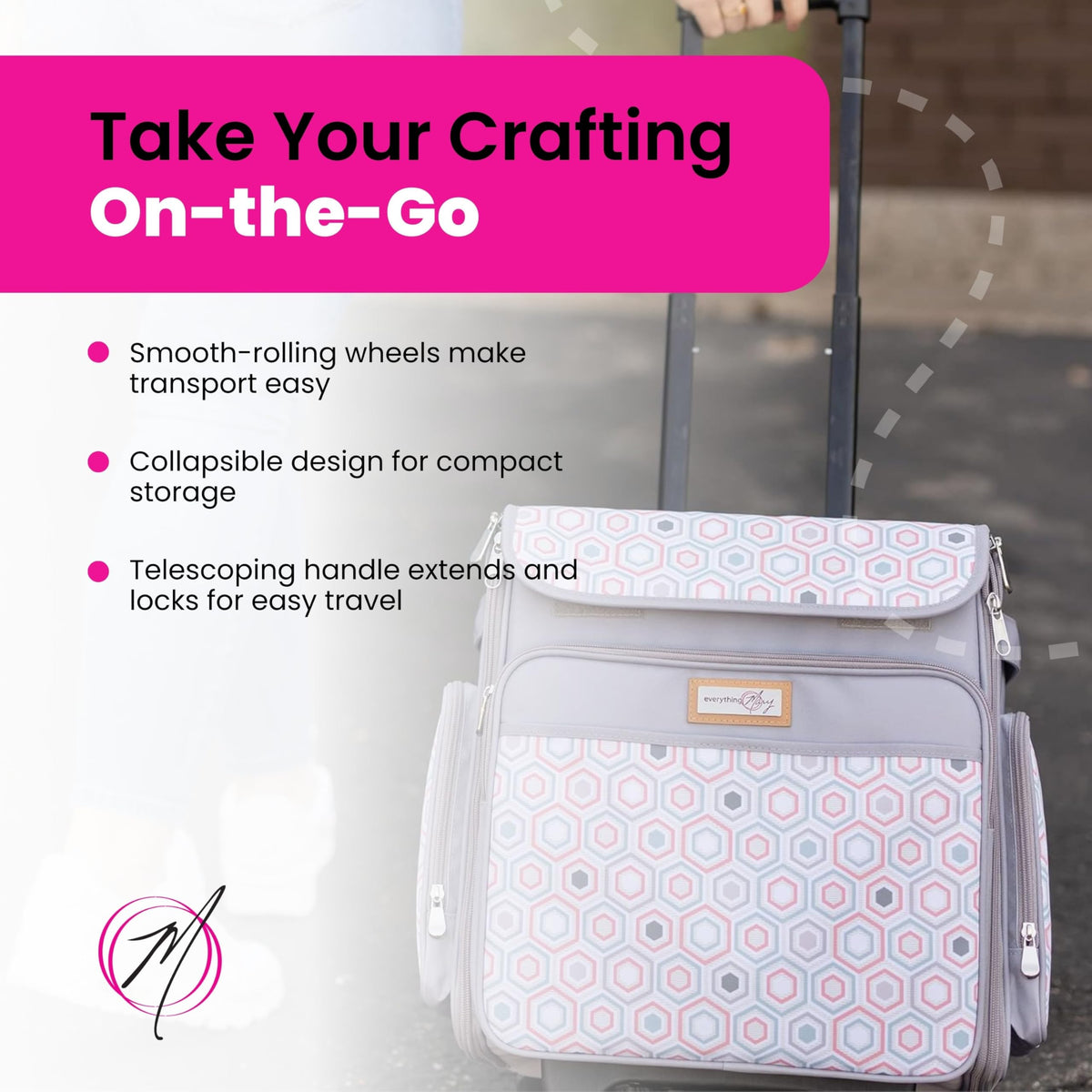 Everything Mary Rolling Scrapbook Tote, Grey Hexagon - Papercraft Tote with Wheels for Scrapbook &