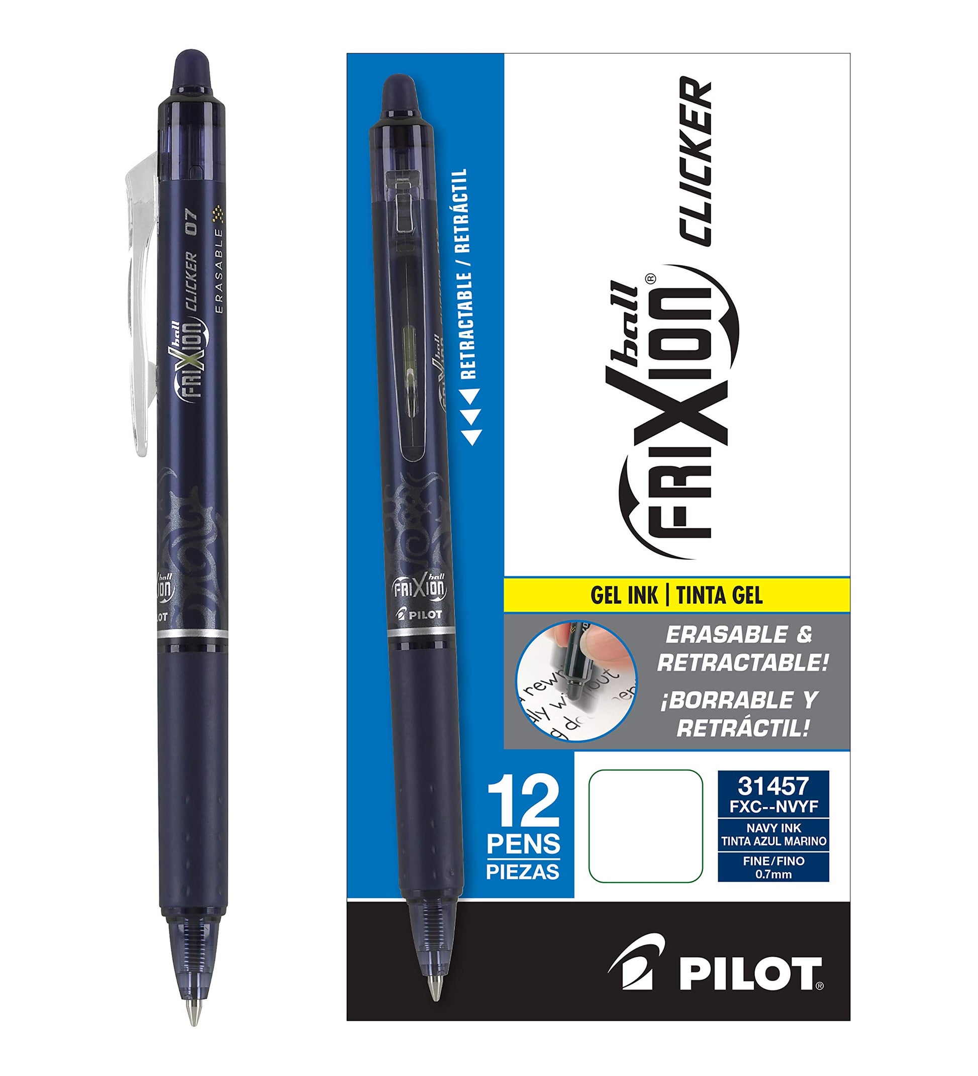 PILOT FriXion Clicker Erasable Gel Ink Pens, Fine Point 0.7mm, Navy, 12Pk