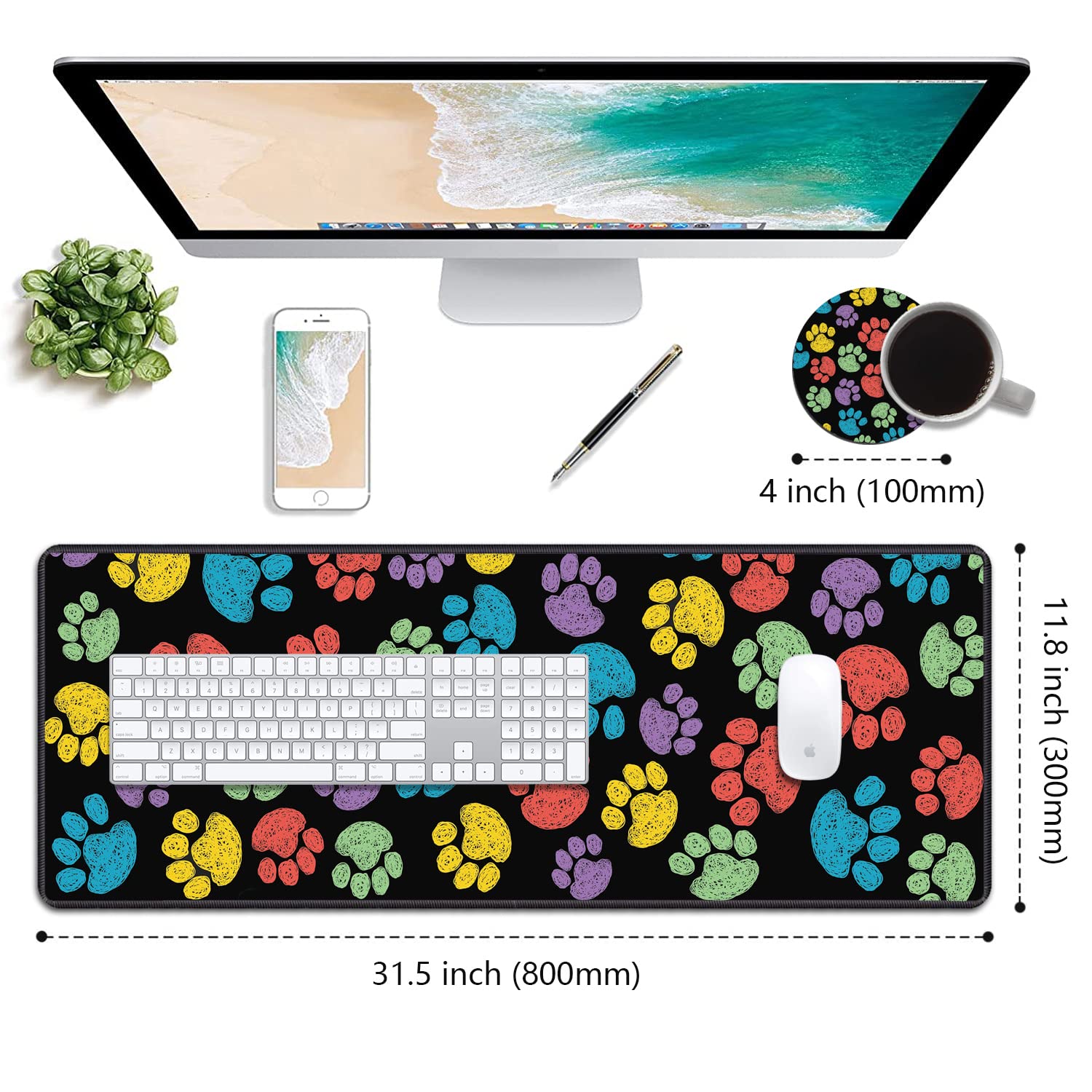 Desk Pad Mat Gaming Mouse Pads with Coasters, 31.5"x 11.8" XXL Large Computer Keyboard Mouse Mat