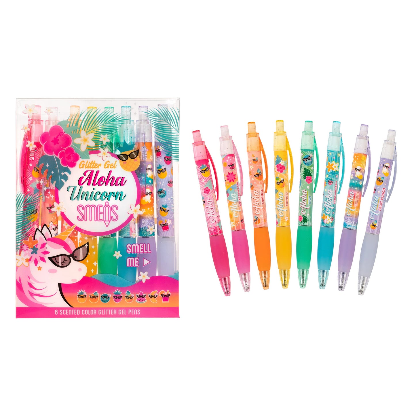 Glitter Gel Smens (2 Pack) - Aloha Unicorn Scented Pens, Colored Glitter Gel Ink, Medium Point, 8
