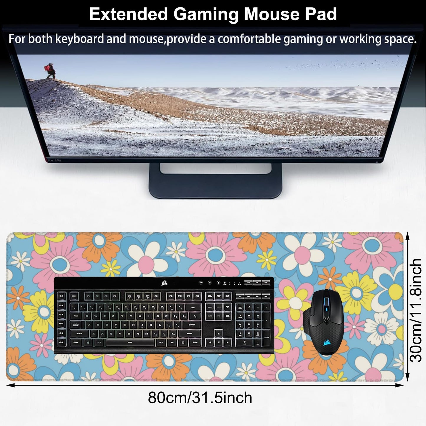 Colorful Retro Flowers Desk Mat,Large Cute Floral Gaming Keyboard Mouse Pad,Non-Slip Rubber Base