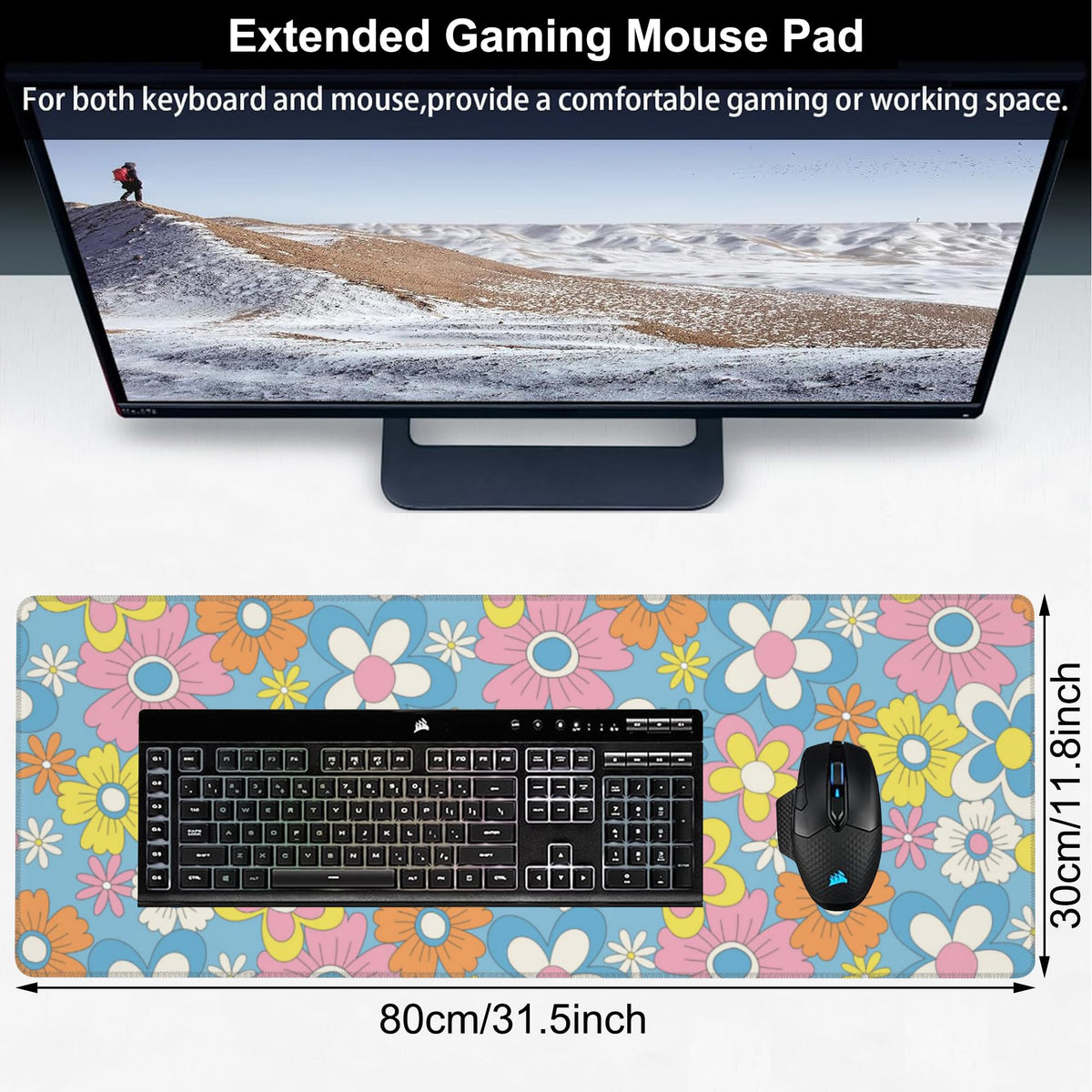 Colorful Retro Flowers Desk Mat,Large Cute Floral Gaming Keyboard Mouse Pad,Non-Slip Rubber Base