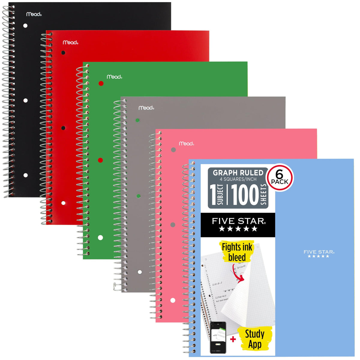 Five Star Spiral Notebook + Study App, 1 Subject, Graph Ruled Paper, 8.5" x 11", 100 Sheets